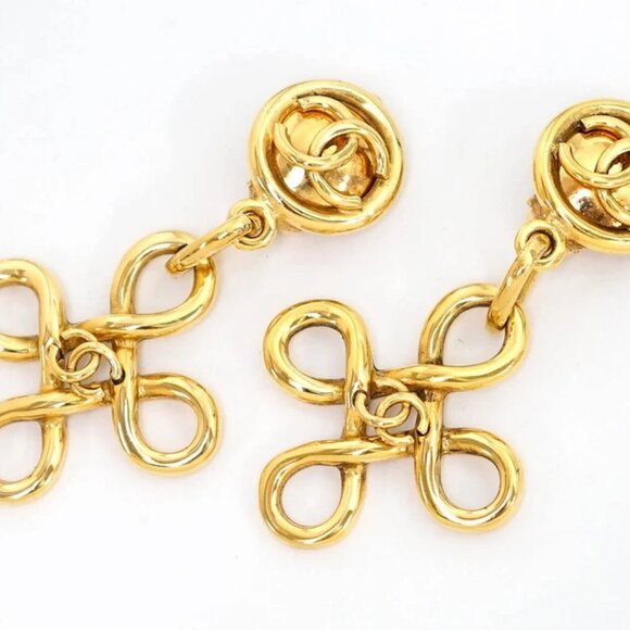 CHANEL CC Logos Cross Dangle Earrings Gold Tone 93P Auth #38824 - Picture 3 of 5